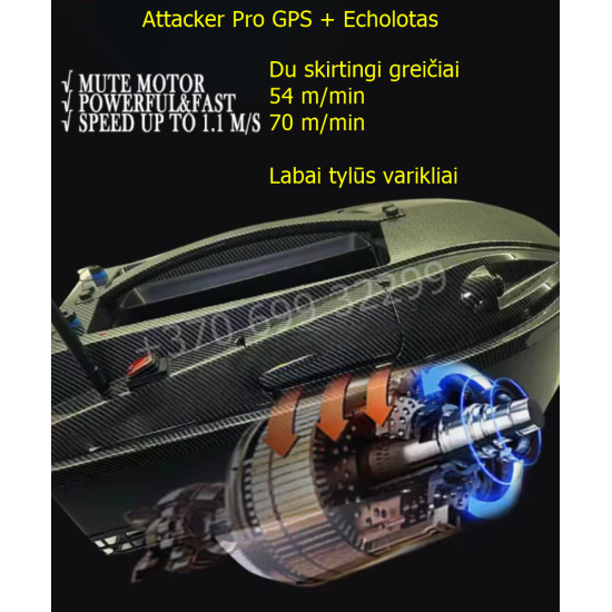 Attacker M60 Pro pašarų laivelis su Echolotu ir 116 taškų GPS. 31200 baterija