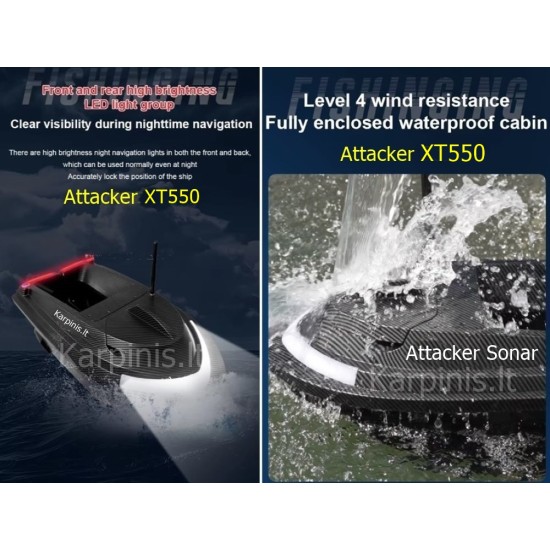 Attacker XT550 pašarų laivelis su Echolotu su 116 taškų GPS. 18000 baterija. Telpa 3.26 litro pašaro Attacker XT550 pašarų laivelis su Echolotu su 116 taškų GPS. 18000 baterija. Telpa 3.26 litro pašaro