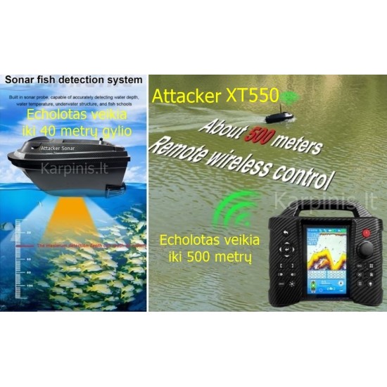 Attacker XT550 pašarų laivelis su Echolotu su 116 taškų GPS. 18000 baterija. Telpa 3.26 litro pašaro Attacker XT550 pašarų laivelis su Echolotu su 116 taškų GPS. 18000 baterija. Telpa 3.26 litro pašaro