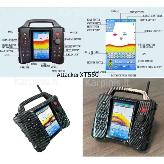 Attacker XT550 pašarų laivelis su Echolotu su 116 taškų GPS. 18000 baterija. Telpa 3.26 litro pašaro Attacker XT550 pašarų laivelis su Echolotu su 116 taškų GPS. 18000 baterija. Telpa 3.26 litro pašaro
