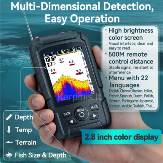 Flytec V600 PRO su įmontuotu Echolotu iki 500 metrų ir GPS 200 taškų. 12000mAh baterija