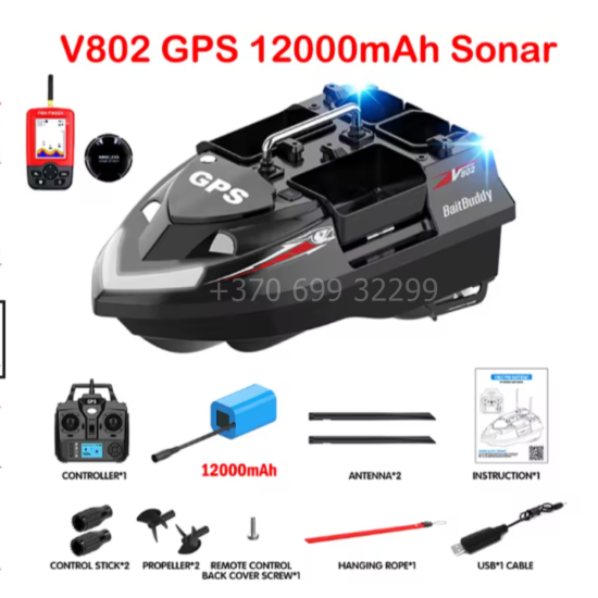 Flytec V802 Pro pašarų laivelis su 160 taškų GPS. 12000mAh baterija