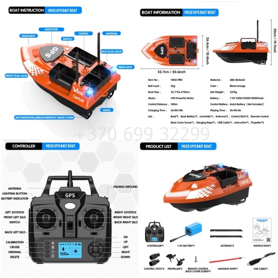 Flytec V802 Pro Orange pašarų laivelis su 160 taškų GPS. 12000mAh baterija Flytec V802 Pro Orange pašarų laivelis su 160 taškų GPS. 12000mAh baterija