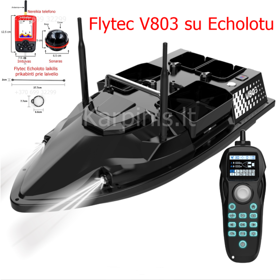 Flytec V803 GPS pašarų laivelis su GPS ir Echolotu. 12000mAh baterija