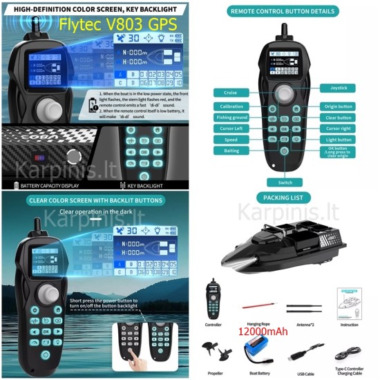 Flytec V803 GPS su 200 taškų GPS ir 12000mAh baterija Flytec V803 GPS su 200 taškų GPS ir 12000mAh baterija