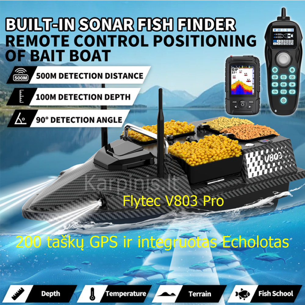 Flytec V803 Pro su įmontuotu Echolotu iki 500 metrų ir GPS 200 taškų