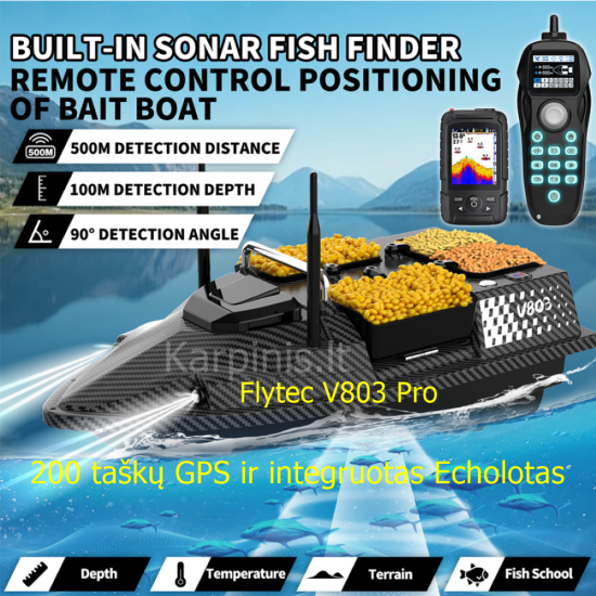 Flytec V803 PRO su įmontuotu Echolotu iki 500 metrų ir GPS 200 taškų. 12000mAh baterija