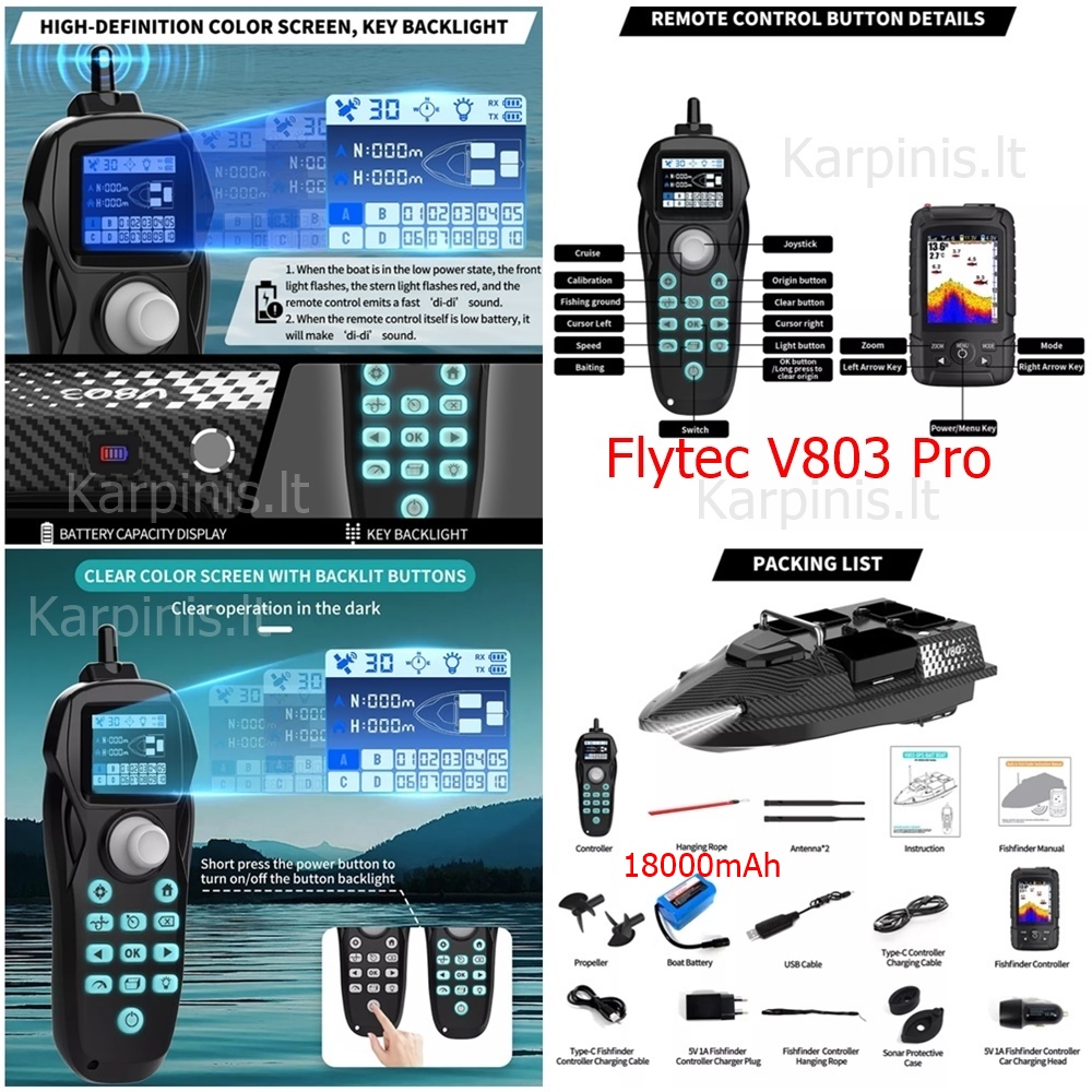 Flytec V803 Pro su įmontuotu Echolotu iki 500 metrų ir GPS 200 taškų