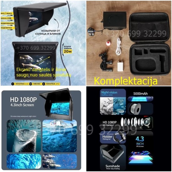 Povandeninė kamera 4.3 colio 1500 TVL 1080x720 HD raiška 20 metrų laidas Povandeninė kamera 4.3 colio 1500 TVL 1080x720 HD raiška 20 metrų laidas